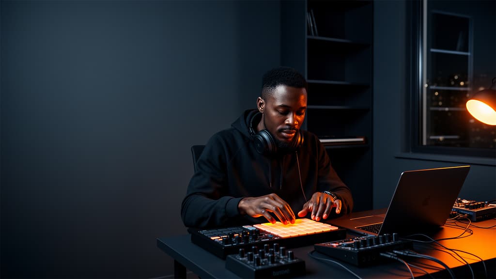 Music producer building a beat with a pad controller and laptop in a dark studio