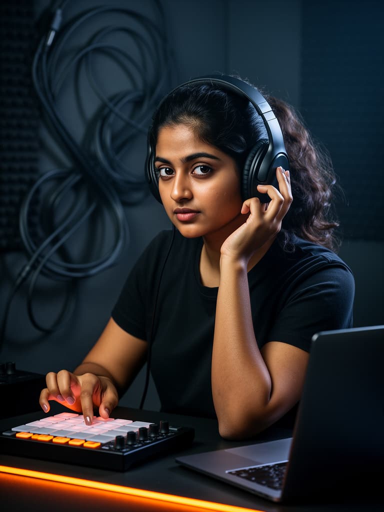 Producer wearing headphones while working on a compact beat controller