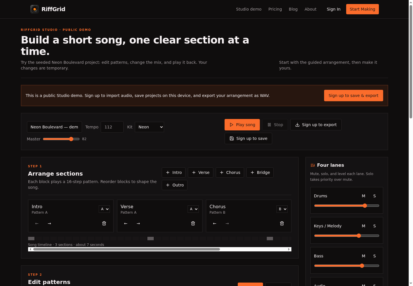 RiffGrid Studio demo showing a seeded song arrangement and lane mix controls