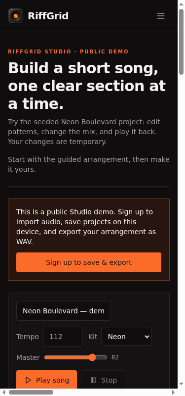 RiffGrid Studio demo on a mobile screen